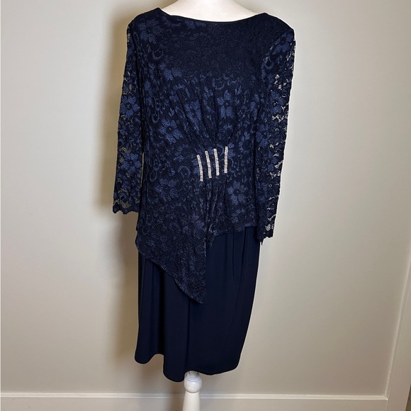 Joseph Ribkoff Dresses & Skirts - Joseph Ribkoff Dress women’s Size 14 Navy Lace overlay 3/4 sleeve Rhinestone